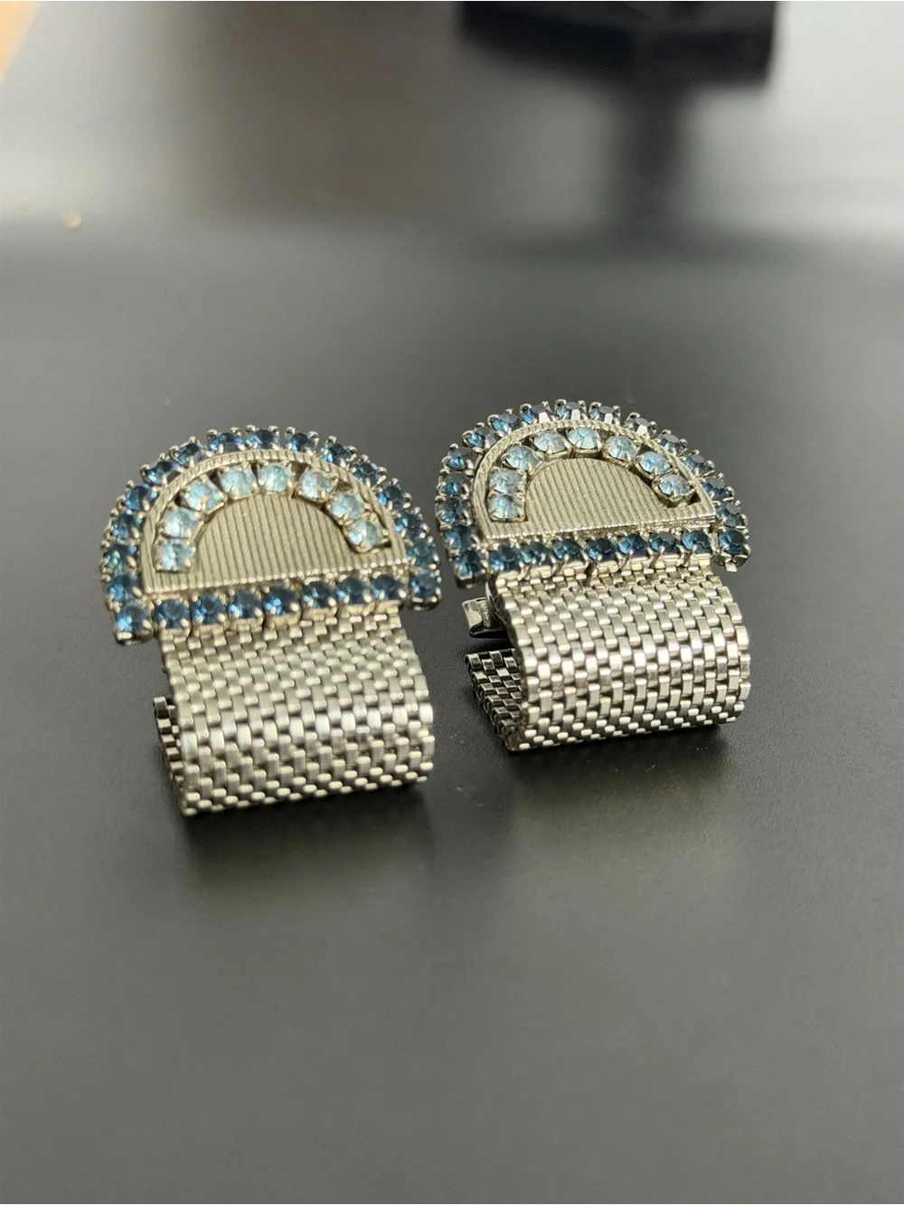Silver-Tone cuff links with Light & Medium Blue Rhinestones